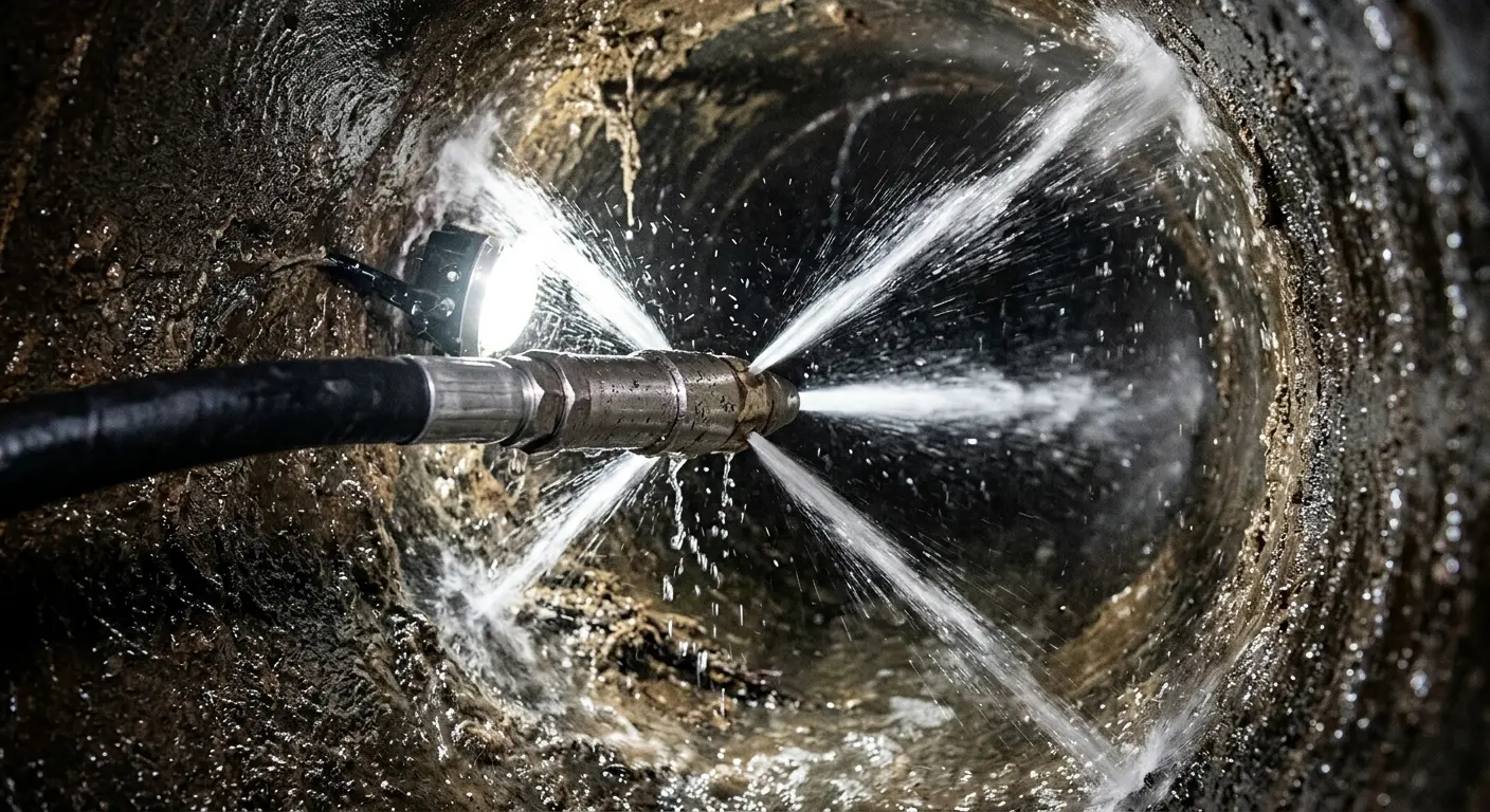 High-pressure hydro jetting nozzle cleaning sewer pipe for Trenchless Sewer Repair in Crandall