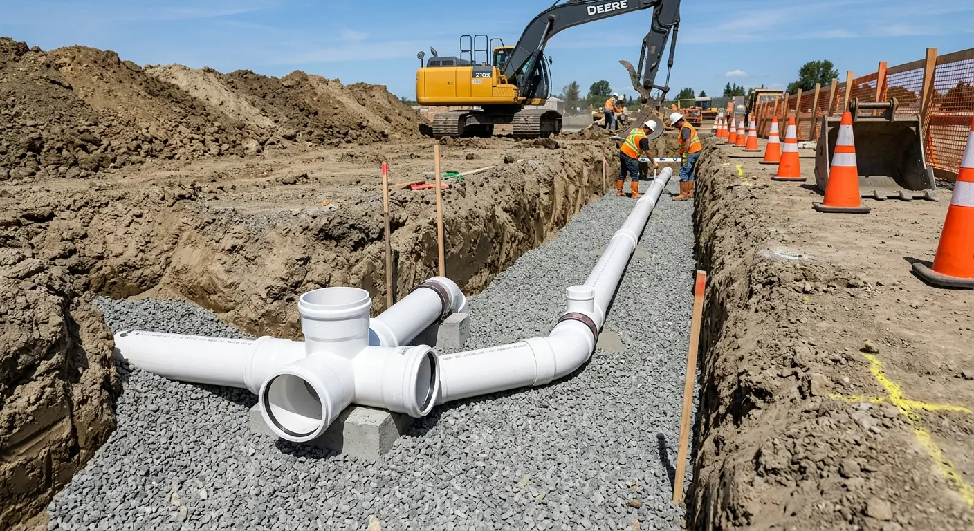New PVC sewer pipe installation in open trench for Sewer Backup in Crandall