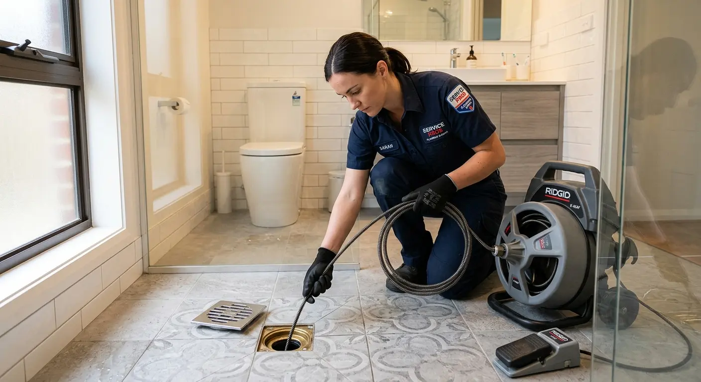 Technician clearing a bathroom floor drain for Drain Cleaning in Crandall